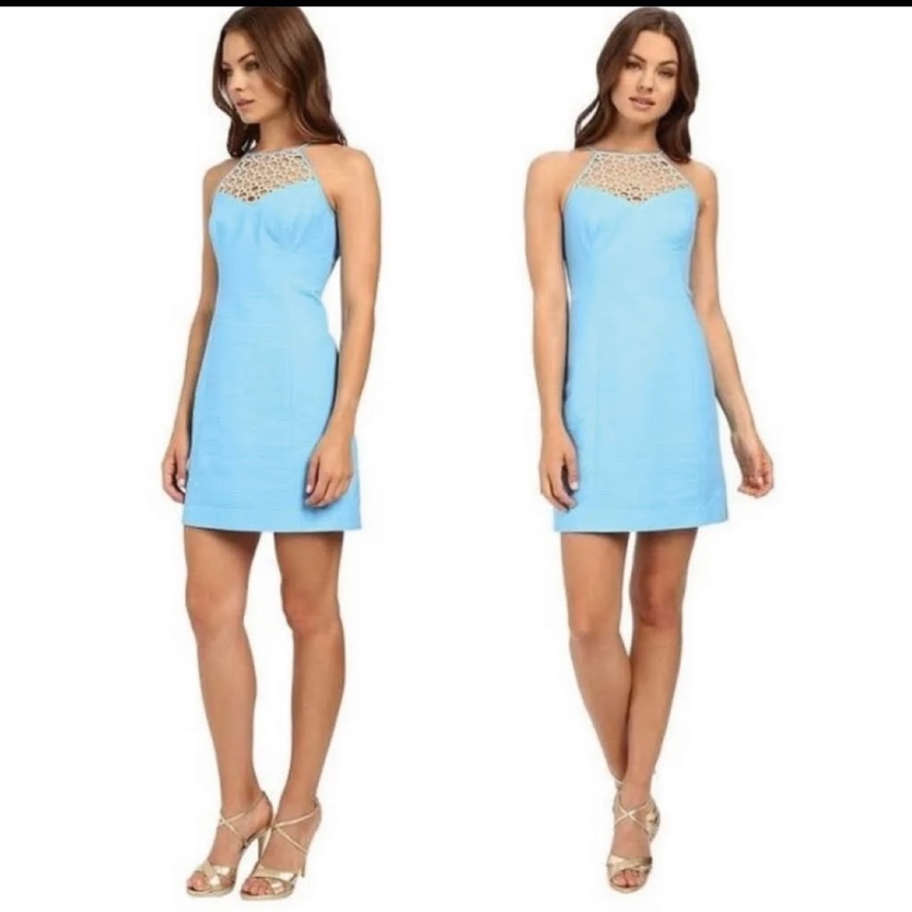 LILLY PULITZER Larina Seaspray Blue Gold Circle Halter Shift Dress